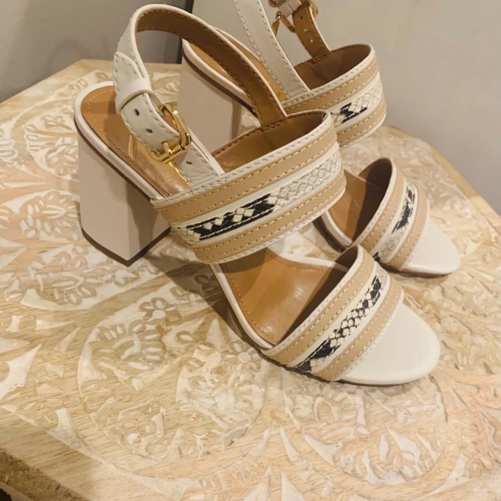 COACH Women's Beige and Cream Leather Block Heel Sandals